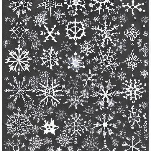 AI-generated images, in the style of an etching, of snowflakes