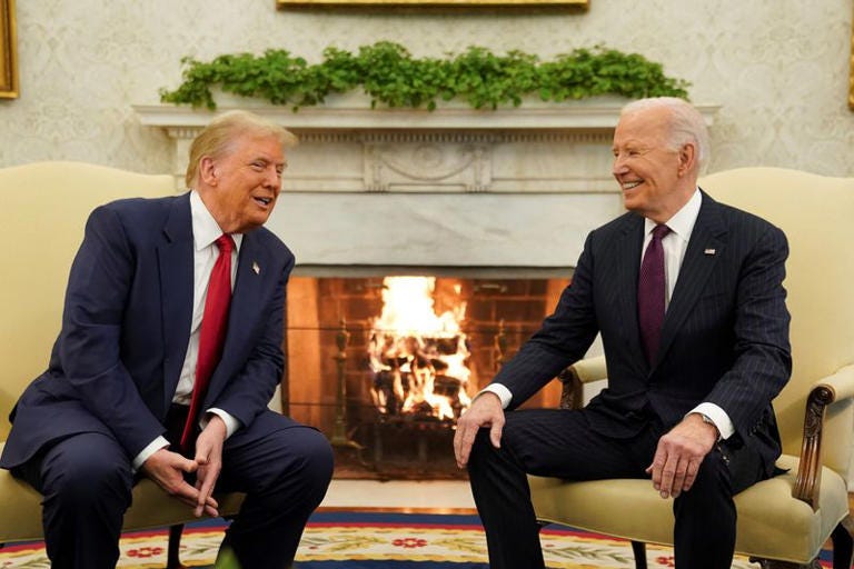 U.S. President Joe Biden meets with President-elect Donald Trump in the Oval Office at the White House in Washington, U.S., November 13, 2024. REUTERS/Kevin Lamarque