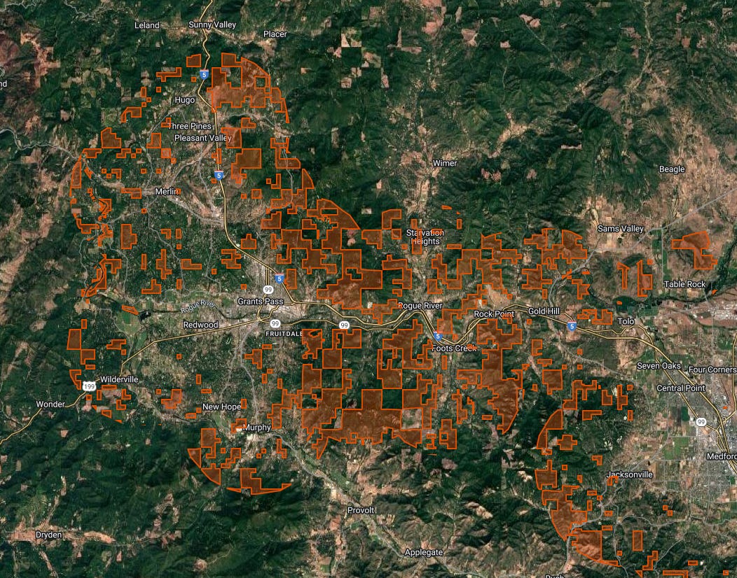 A map of Grants Pass showing that the city is ringed by a patchwork of BLM land.