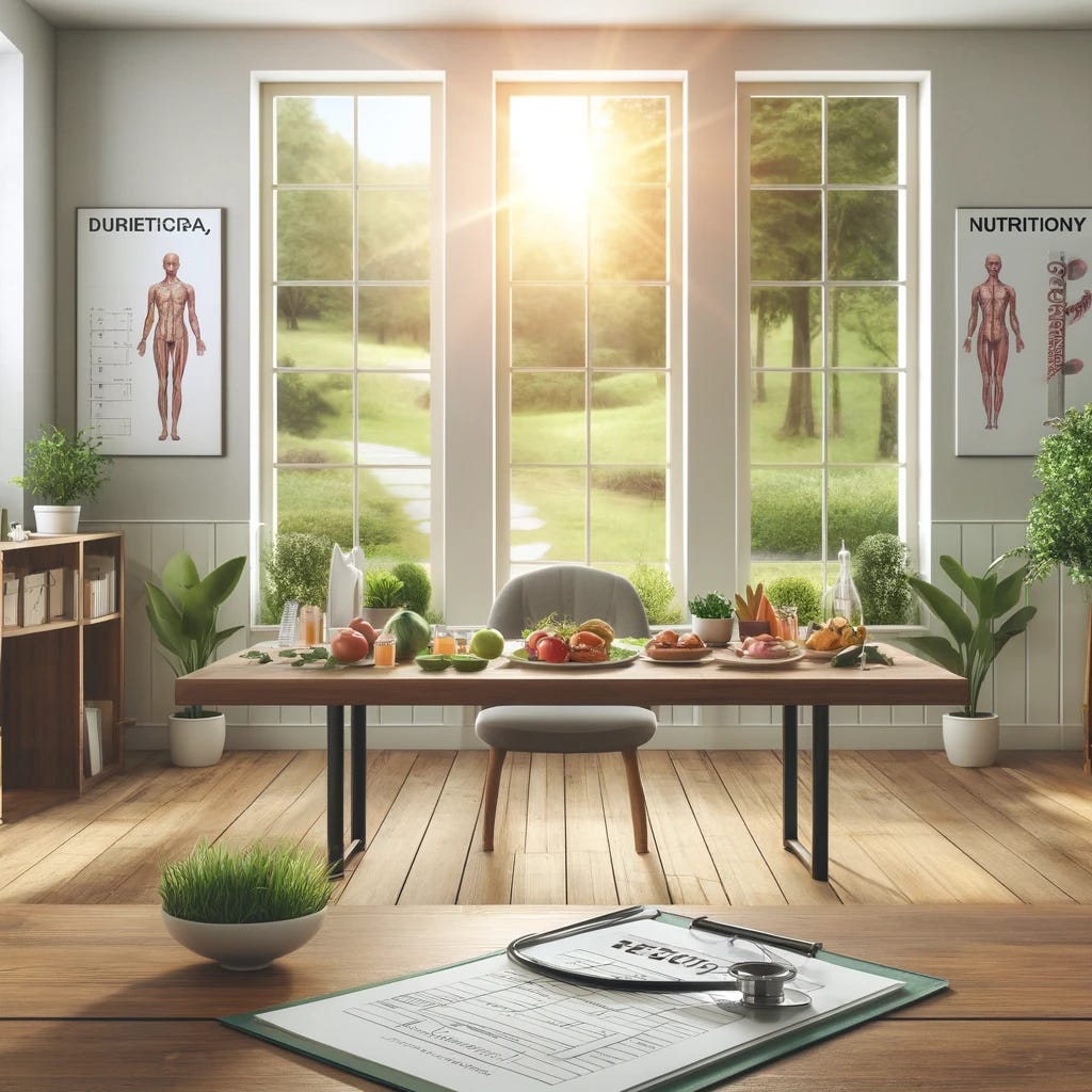 A serene and inviting clinic environment focusing on nutrition and health. The setting includes a well-lit room with soft natural lighting coming through large windows that show a lush garden outside. Inside, the room features a wooden table with a dietary chart spread out, a stethoscope, and several healthy plant-based meals displayed elegantly. The walls are adorned with unbranded, generic medical and nutritional posters, creating a professional yet warm atmosphere, with no people in the scene.