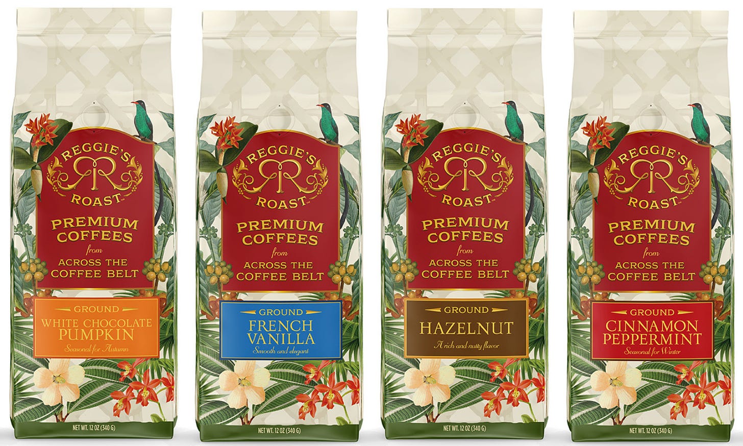 Side by side front views of coffee bags featuring the Reggie's Roast logo in gold on maroon over a Jamaican floral design.