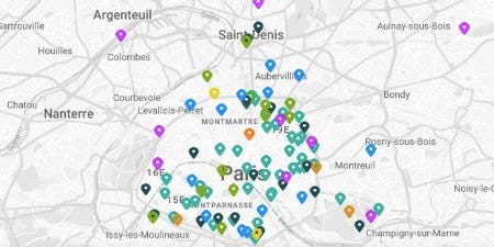 Plan de Paris et la proche banlieue où une vingtaine de marqueurs indiquent les sites des Parisculteurs