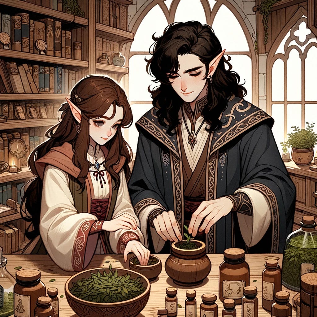 Illustration of a young female elf with brown hair and a male elf with long, curly black hair working together in a room. They are carefully selecting and mixing magical herbs on a wooden table. Both wear mage attire adorned with arcane symbols, and the room is filled with shelves of magical artifacts, ancient books, and various herb jars.