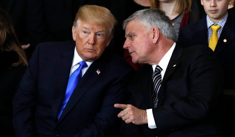 President Trump listens to Franklin Graham during a ceremony for the late Rev. Billy Graham in the U.S. Capitol Rotunda in Washington, D.C., February 28, 2018. 