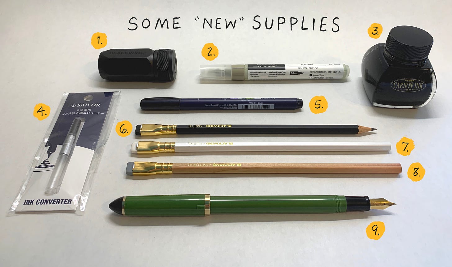 a selection of art supplies including pens, pencils, and ink by Kayla Stark