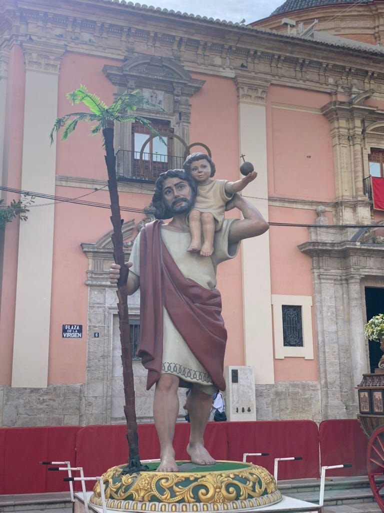 This Roca is a large statue of St. Christopher holding a palm tree with a two-ish year old Jesus on his shoulder.