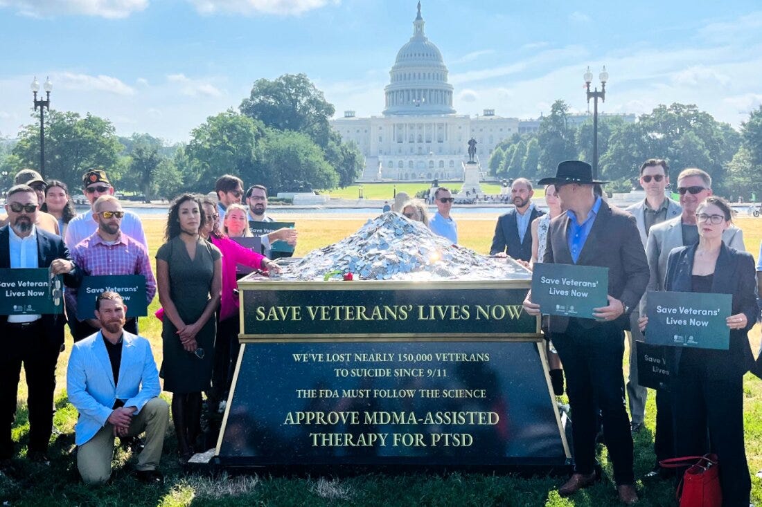 Veterans, lawmakers, and PTSD experts gathered to advocate for FDA approval of MDMA-assisted therapy and highlight the impact of PTSD and veteran suicide in U.S. on July 10 in Washington D.C. The FDA is expected to decide this week whether to approve the drug.