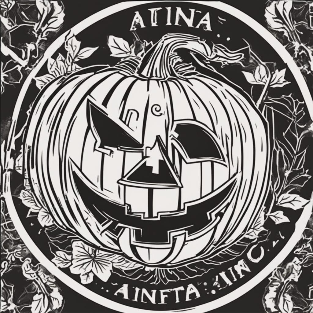 a black and white image of a pumpkin with crooked features in a woodcut style. it say atina instead of antifa