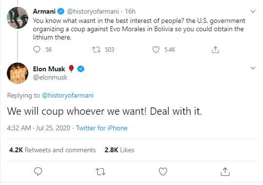 Elon Musk Bolivia coup whoever we want