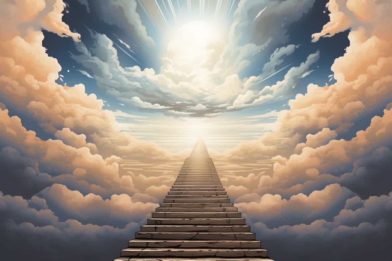 graphic novel illustration of an old staircase leading into the clouds