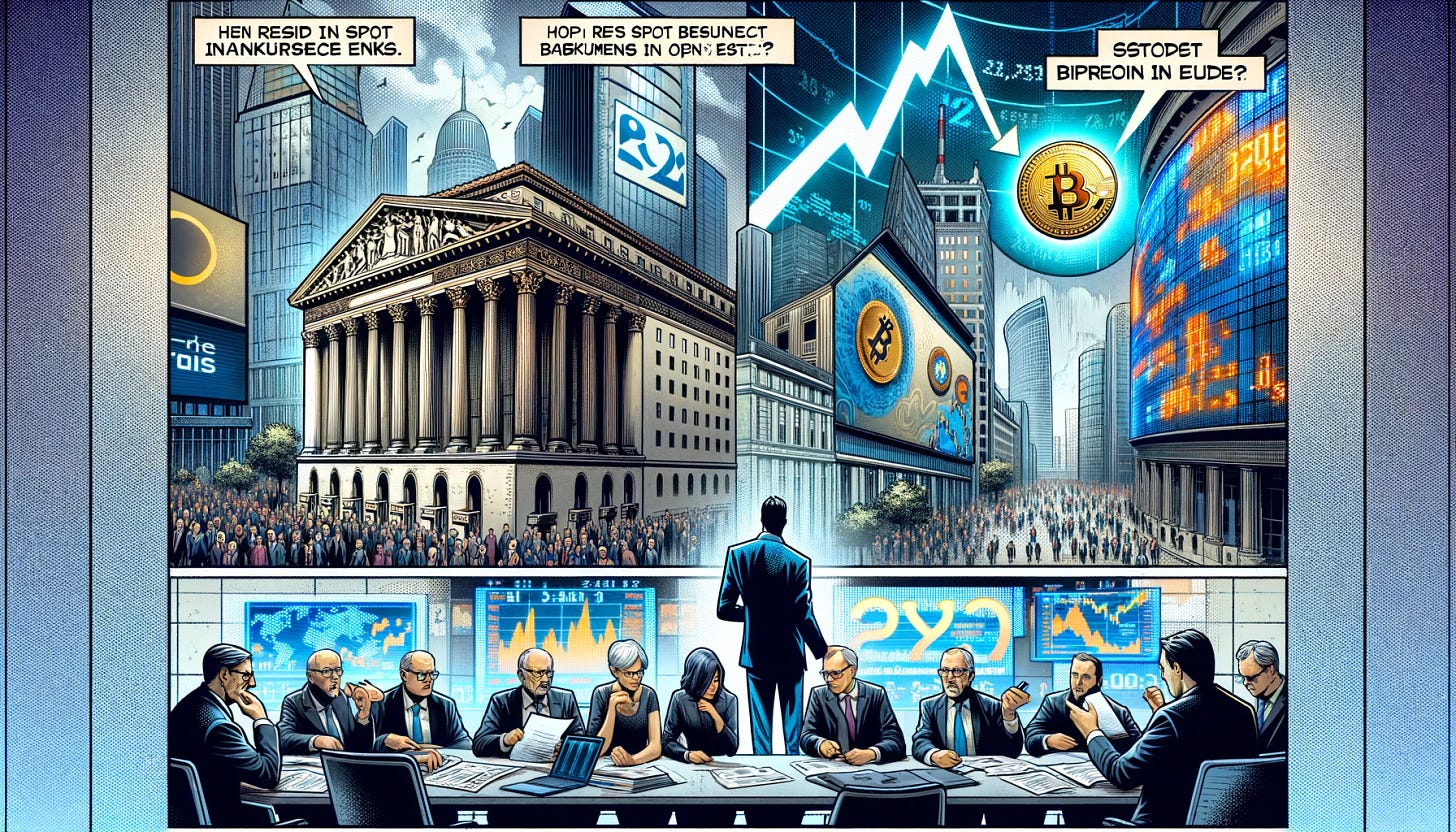 A photo-realistic comic strip, without text, depicting recent global market dynamics. Panel 1: A figure in a business suit looking worriedly at a graph showing an increase, representing the 18% rise in US bankruptcy filings in 2023. Panel 2: A European bank building with a positive graph in the background, symbolizing the improvement in return on equity for European banks. Panel 3: European Commission officials examining documents, symbolizing the investigation into Microsoft's investment in OpenAI, highlighting regulatory shifts in the tech sector. Panel 4: A bustling stock market scene with screens displaying Bitcoin symbols, representing the SEC's approval of the first spot bitcoin ETFs and the growing relevance of the cryptocurrency market. Panel 5: A group of investors in a strategic meeting, surrounded by digital currency and blockchain models, illustrating the need to balance traditional investment models with emerging digital trends.