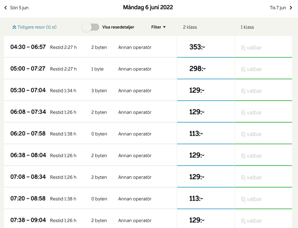 Train times and prices from Stockholm to Uppsala.