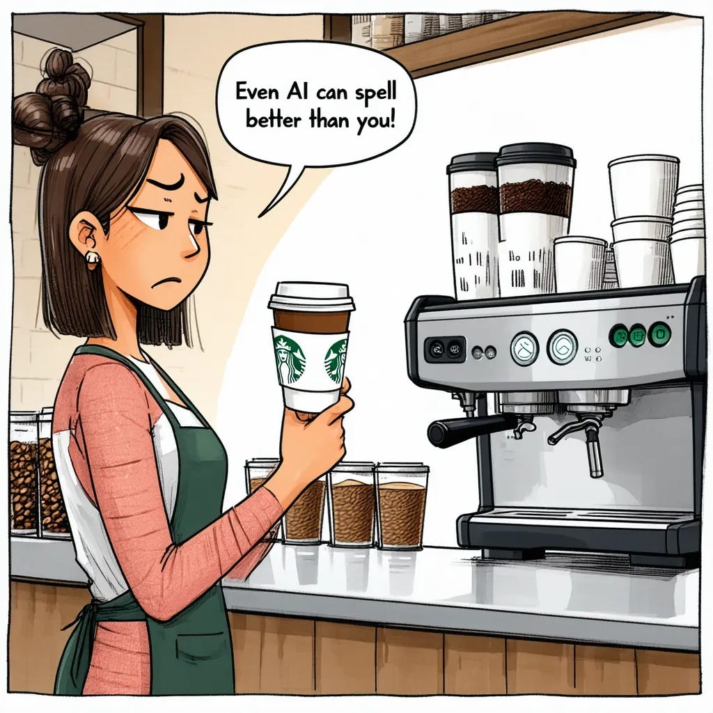 Cartoon illustration: Starbucks coffee shop. A frowning customer holds a coffee cup, saying to the barista, “Even AI can spell better than you!” The barista stands behind the counter, next to coffee machines, stacked cups, and ingredients. by Stable Diffusion