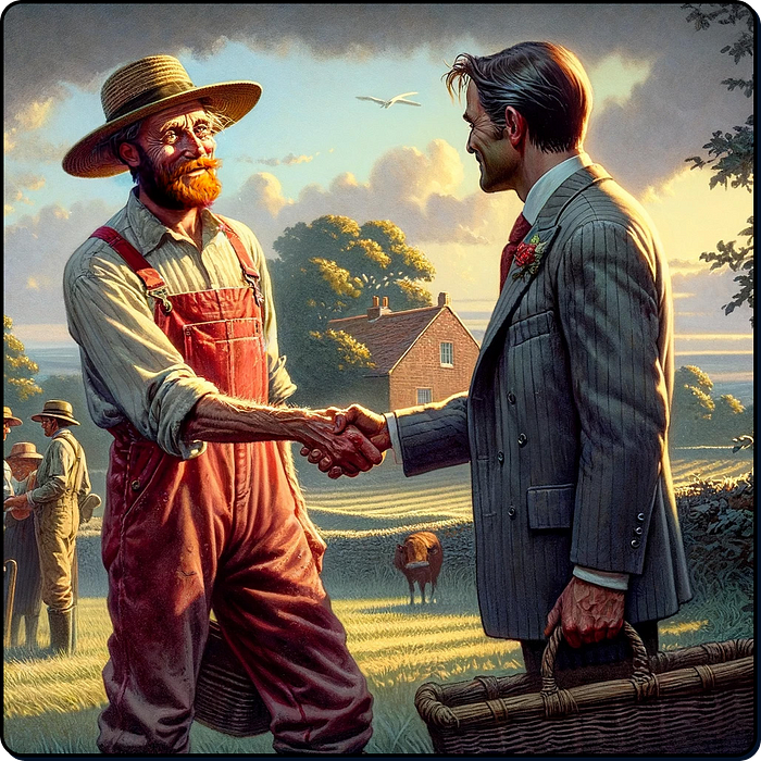 An older farmer jeff selling options to a businessman.