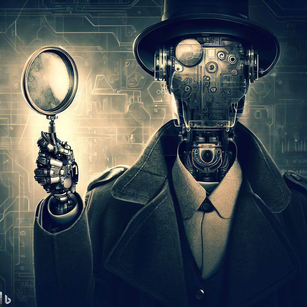 An image of sherlock holmes as a robot holding a magnifying lens