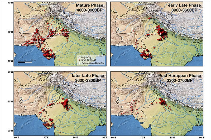 Mathematical modelling of the Indus River Valley Civilisations and rainfall amount in four different phases