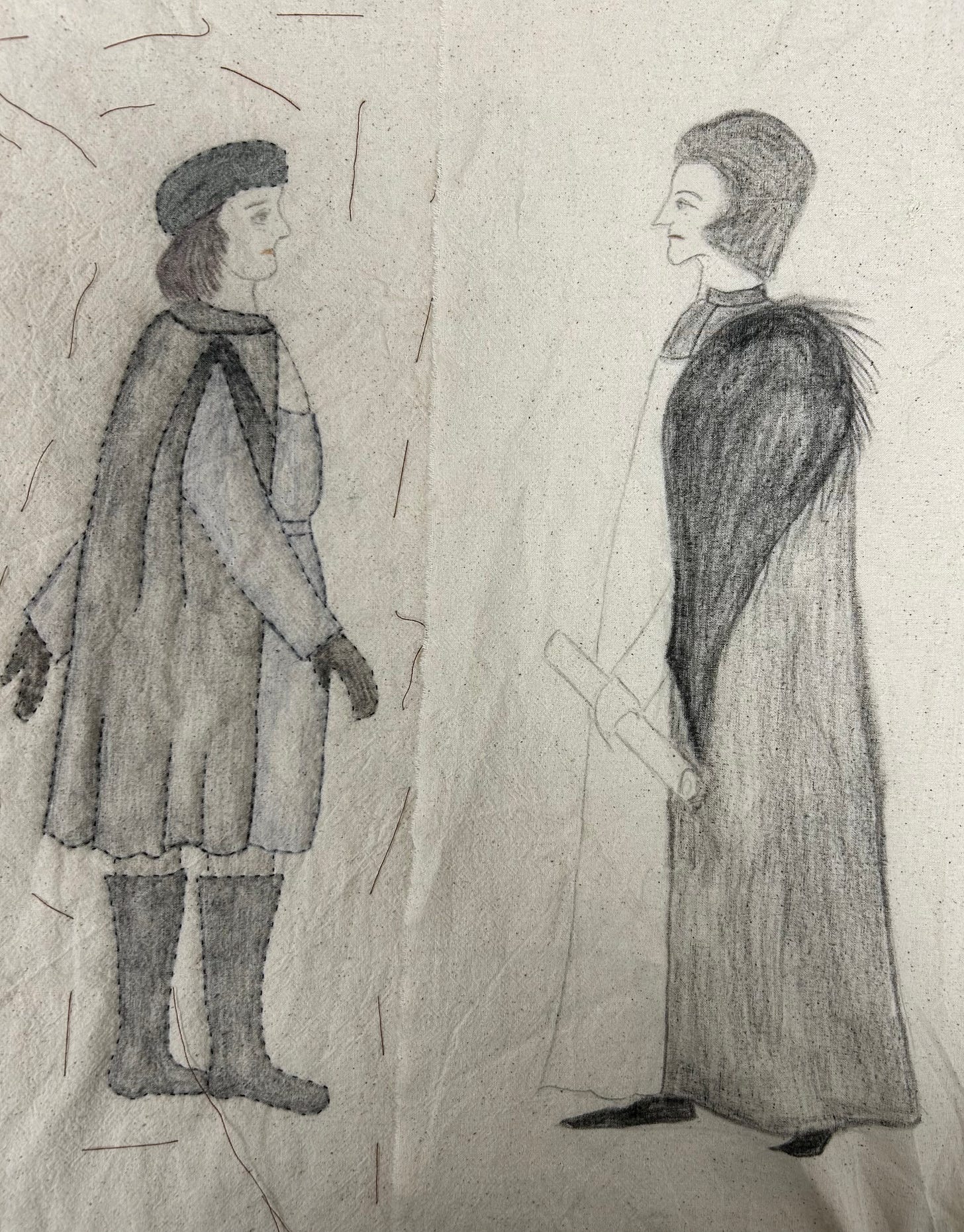 Two men stitched and painted face each other, one representing Thomas Cromwell, one representing Stephen Gardiner