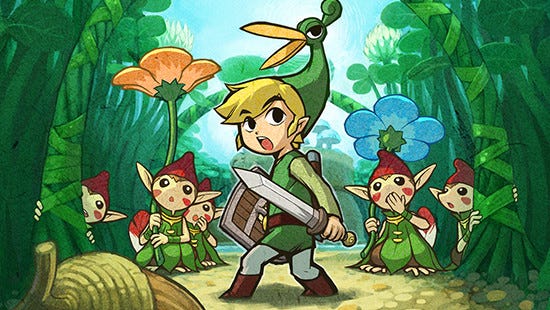 Official artwork for The Legend of Zelda: The Minish Cap. Link has his sword and shield drawn and is wearing the Minish Cap. Small creatures are hiding behind flowers and grass stalks behind Link and gawking at him.