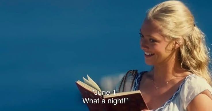 This may contain: a woman is smiling while reading a book