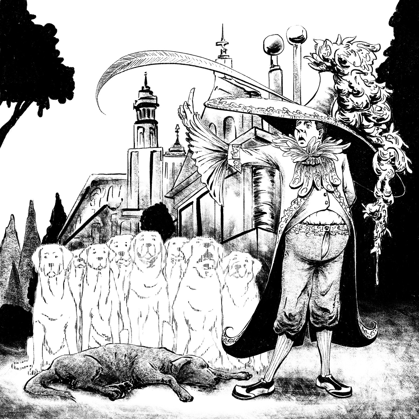 A doofus stands with the fly of his pantaloons undone wearing a ridiculous hat. Beside him stands the ghosts of his eight dogs.