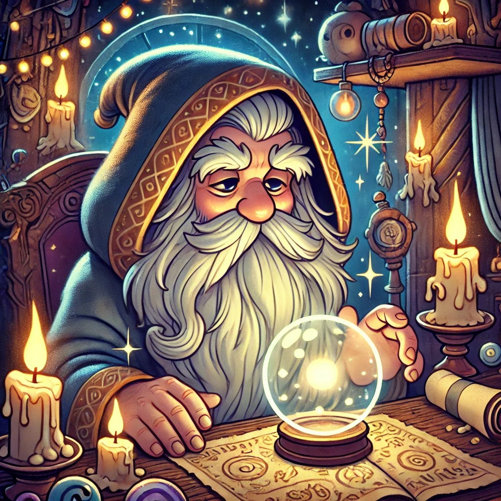 A cartoon of a mystical and focused hermit, an old bearded wise man with a flowing white beard, wearing a hooded cloak. He is seated in a cozy and mystical setting surrounded by glowing candles, ancient scrolls, and magical artifacts. The hermit has a concentrated and serene expression as he gazes deeply into a glowing crystal ball, which emits a magical light. The background is dark and blurry, adding a sense of mystery and enchantment to the scene. The art style is whimsical and colorful, with detailed and magical elements.