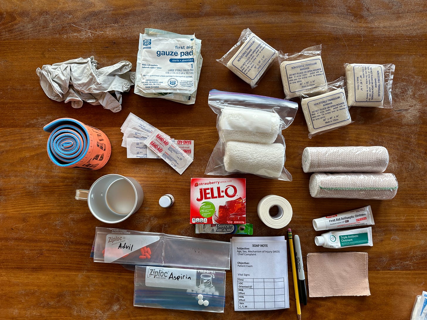 The contents of Jesse McEntee's Med Kit.