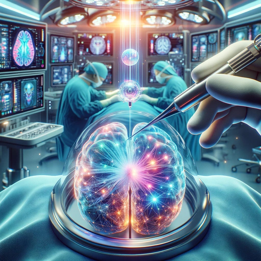 Visualize a futuristic medical procedure where a highly advanced, colorful 3D chip is being carefully implanted into a patient's brain. This scene is set in a state-of-the-art operating room, filled with advanced medical equipment and monitors displaying complex data. The focus is on the precision of the procedure, highlighting the innovative technology and the skill of the medical team. The atmosphere is filled with a sense of breakthrough and hope, capturing the pioneering spirit of this momentous occasion.