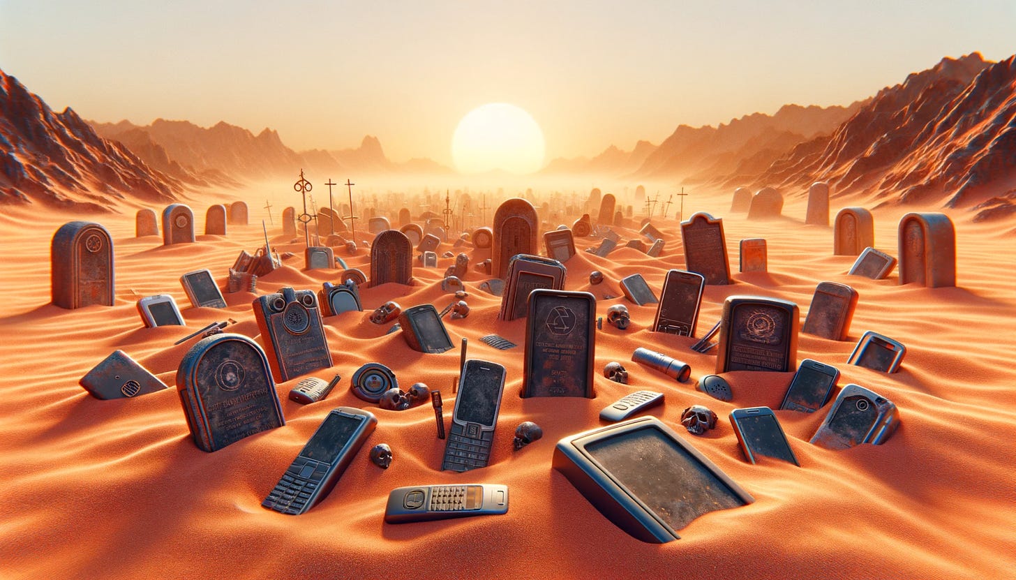 AI-generated image of a graveyard for old technological devices set in a dusty orange desert in the year 2050. The scene captures the abandoned and desolate atmosphere with devices partially buried in the sand.