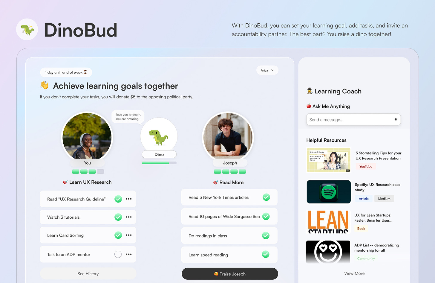 Graphic for DinoBud - an partner accountability system to help you learn