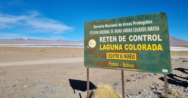 Entry sign to the Laguna Colorada south of Salar de Uyuni, Bolivia
