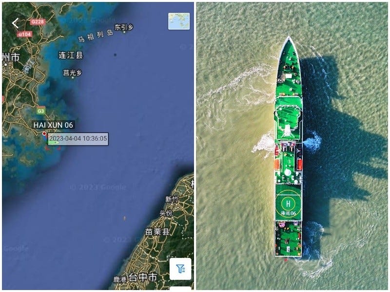 Map shows location of Haixun 06 (left), overhead view of Haixun 06. (Weibo images)
