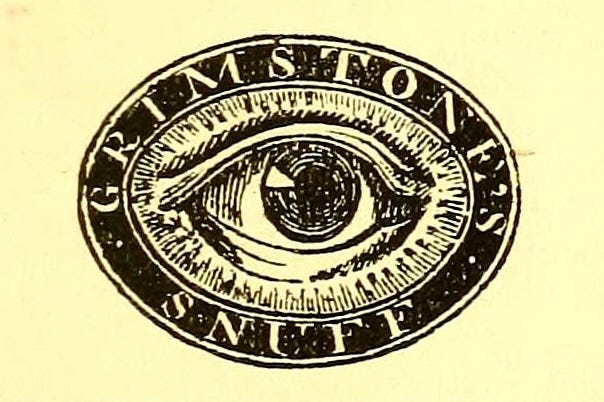 An oval-shaped logo featuring an eye, with the words 'Grimstone's Snuff' in a solid border around it.