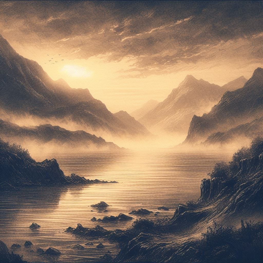 foggy bay at sunrise, mountains in the distance, fantasy drawing