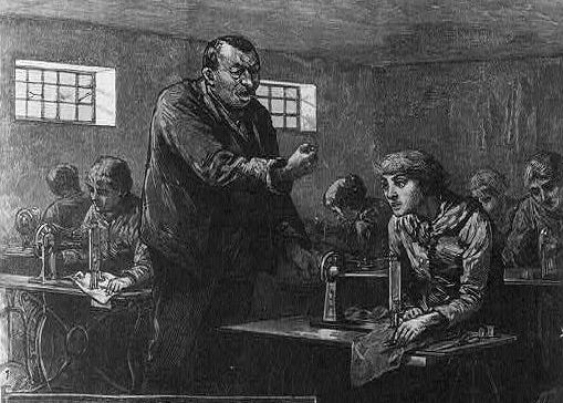 An engraved print depicting an upset sweatshop proprietor scolding one of their workers, who is working hard stitching with a sewing machine. 