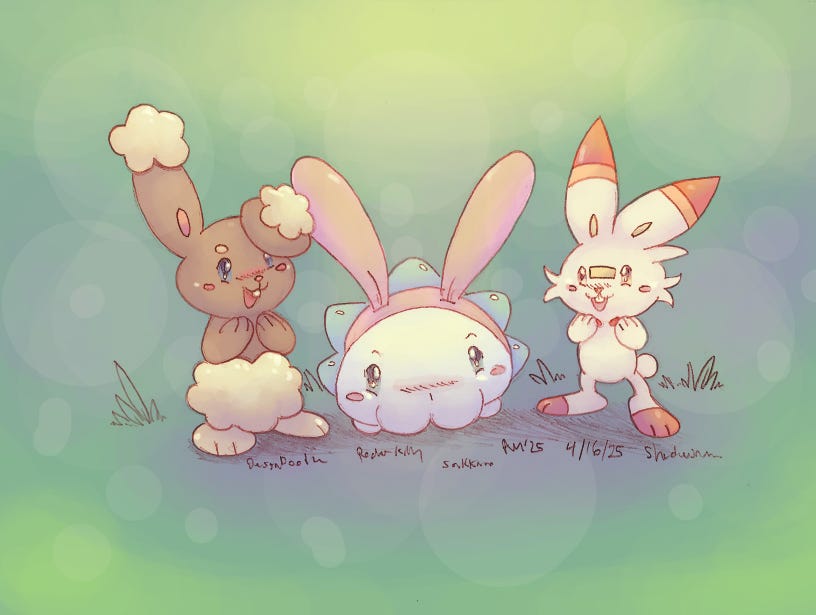 Desja has drawn a wonderful piece of Easter-themed Pokémon artwork, featuring Buneary, Scorbunny, and an honorary bunny: Snom!