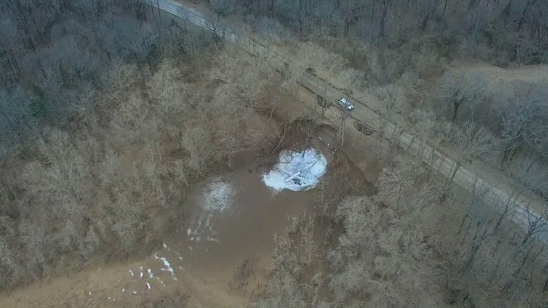 The site of the 2020 Denbury pipeline explosion in Sartartia, MS. Residents continue to suffer health problems related to the blowout of CO2 . (Image credit: Mississippi Emergency Management Agency)