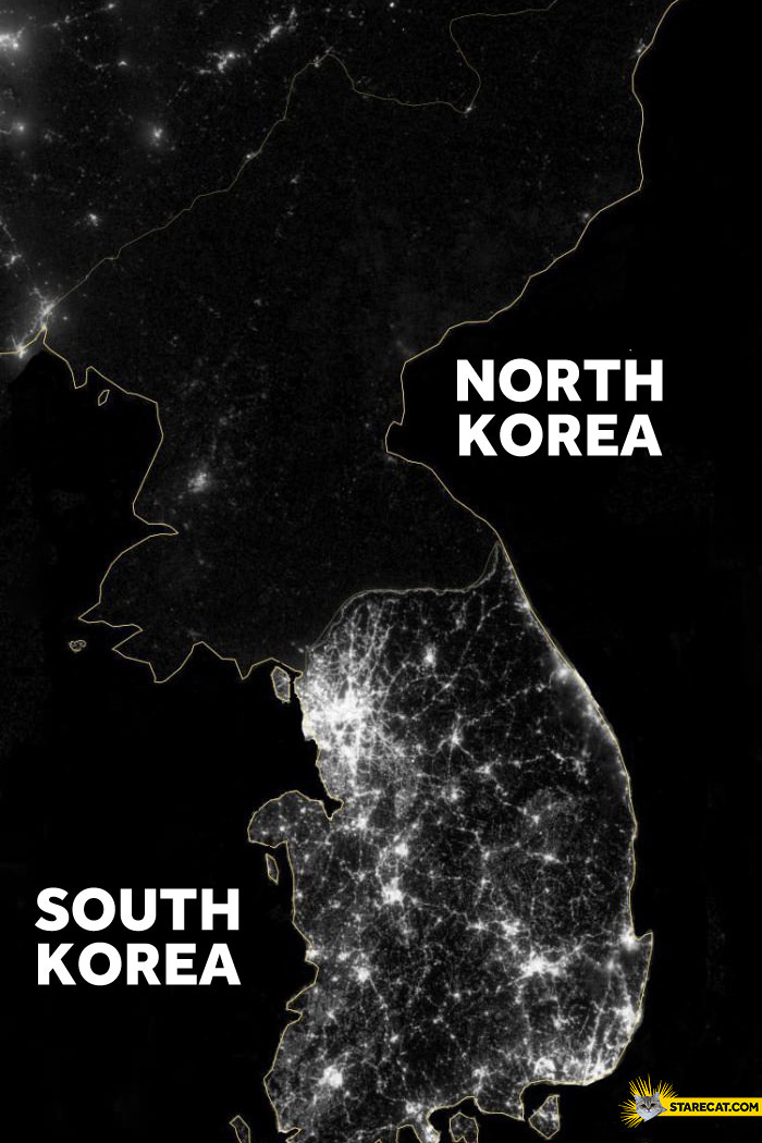 North Korea and South Korea at Night (Aerial/Satellite View) : r/pics