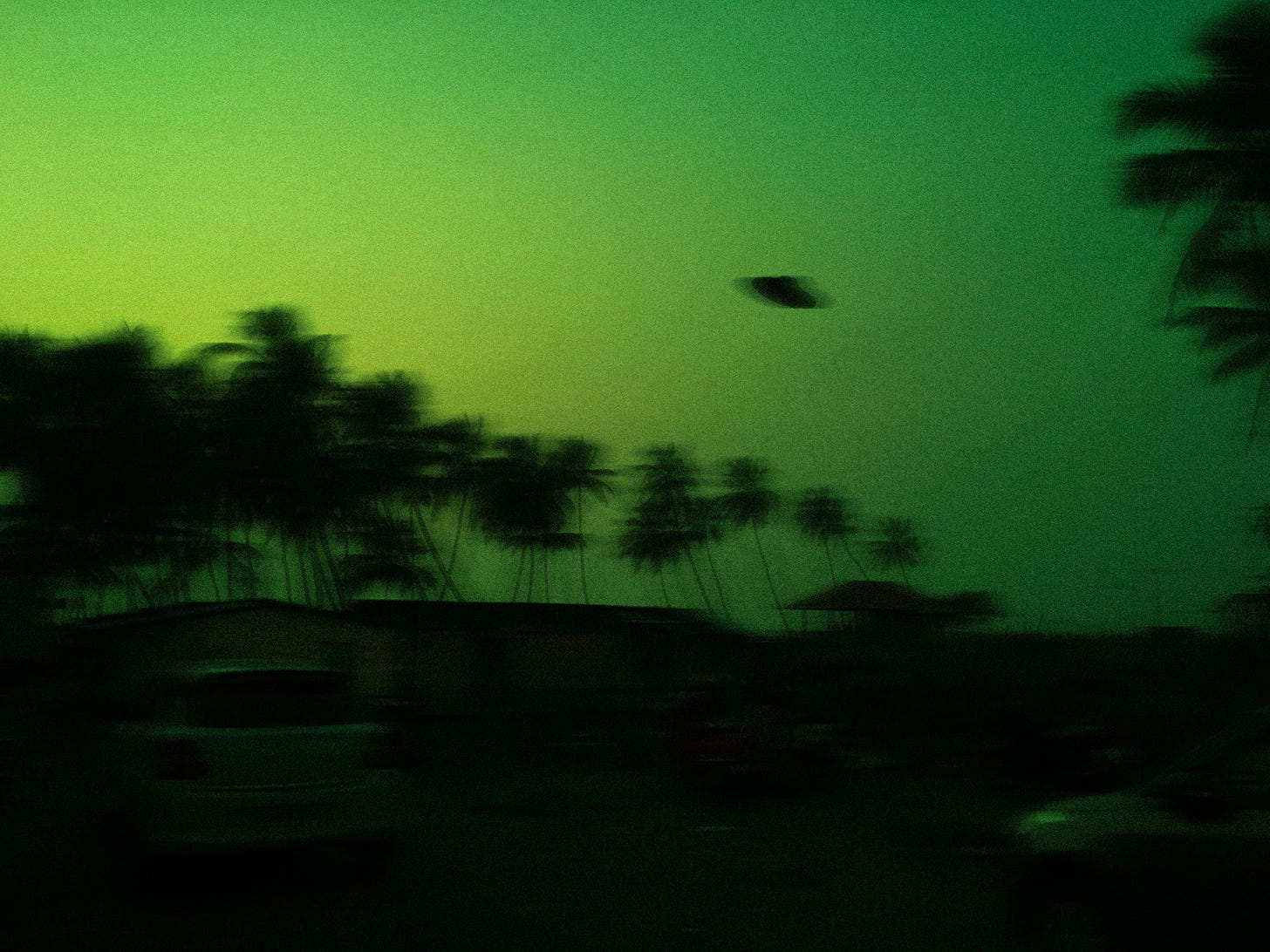 Motion-blurred photograph of something vaguely flying-saucer–shaped zipping through a green sky above palm trees in a residential area.