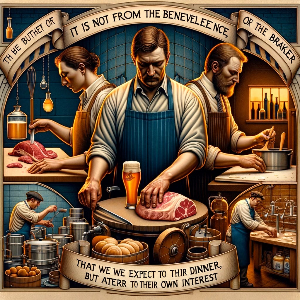 A conceptual artwork representing the phrase 'It is not from the benevolence of the butcher, the brewer, or the baker that we expect our dinner, but from their regard to their own interest.' The scene includes three distinct sections, each portraying one of the professionals - a butcher, a brewer, and a baker. The butcher is shown skillfully cutting meat, focused on his task. Next, the brewer is depicted attentively brewing beer, surrounded by brewing equipment. Lastly, the baker is seen kneading dough with care, in a bakery setting. Each professional is portrayed as dedicated and focused on their work, emphasizing their self-interest and expertise in their respective trades.