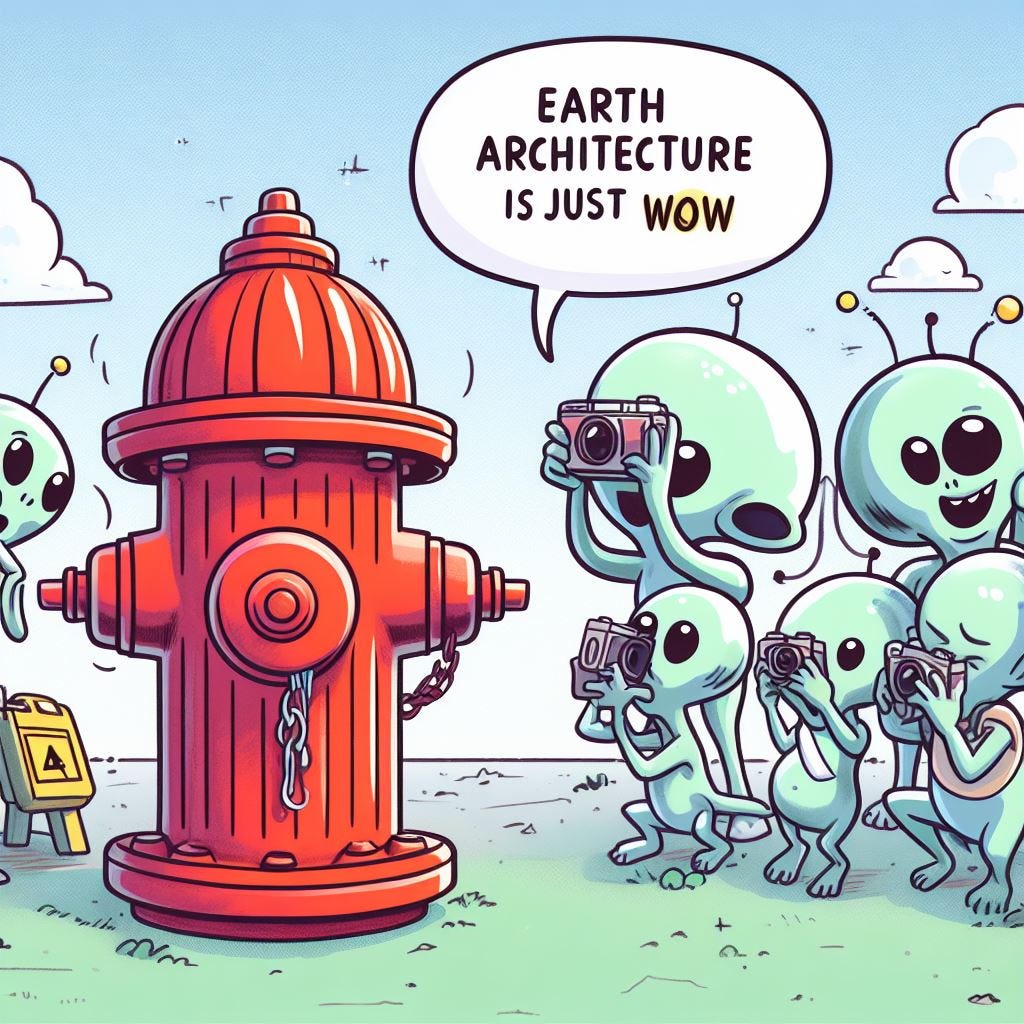 Cartoon illustration: A group of aliens are taking pictures of a fire hydrant. One exclaims: "Earth architecture is just wow"