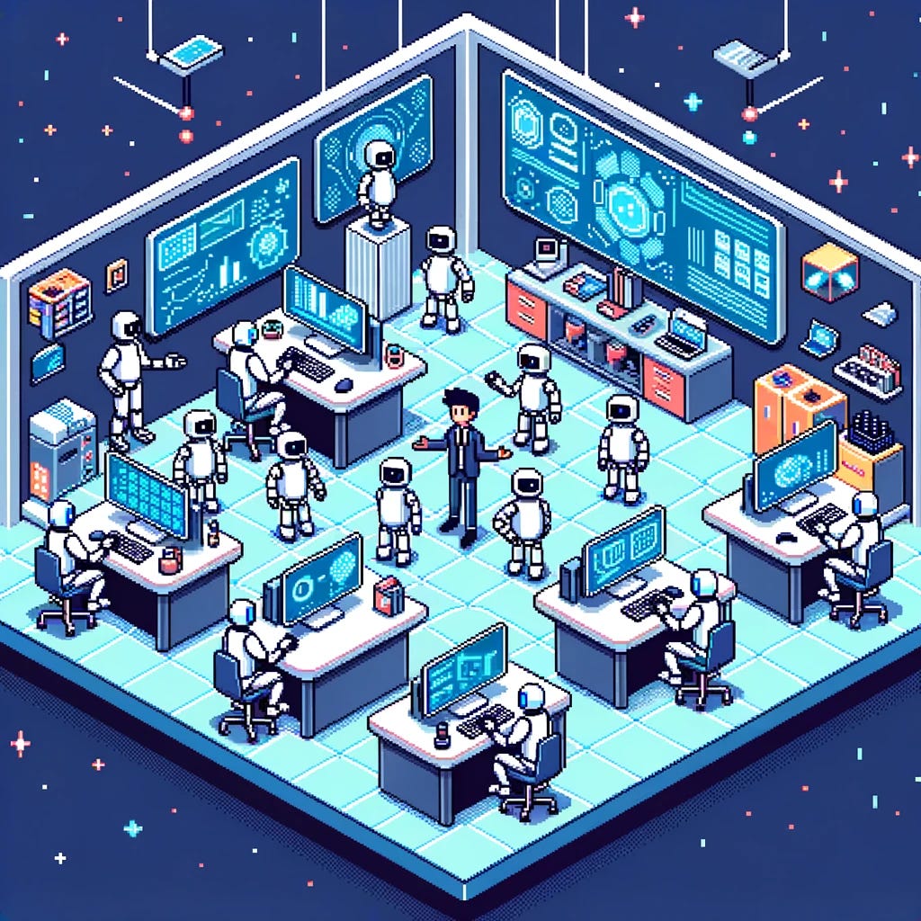 Vector of a Future Collaborative Workspace: An 8-bit isometric view of a futuristic workspace dominated by AI agent robots, represented as various 8-bit robotic characters. There's a single human in the center, guiding and instructing one of the AI agents. The other agents are actively collaborating, engaging in tasks like computing, designing, and testing. The setting suggests a harmonious blend of technology and humanity, with advanced tech elements in the backdrop, emphasizing the dominance of AI in this future vision.