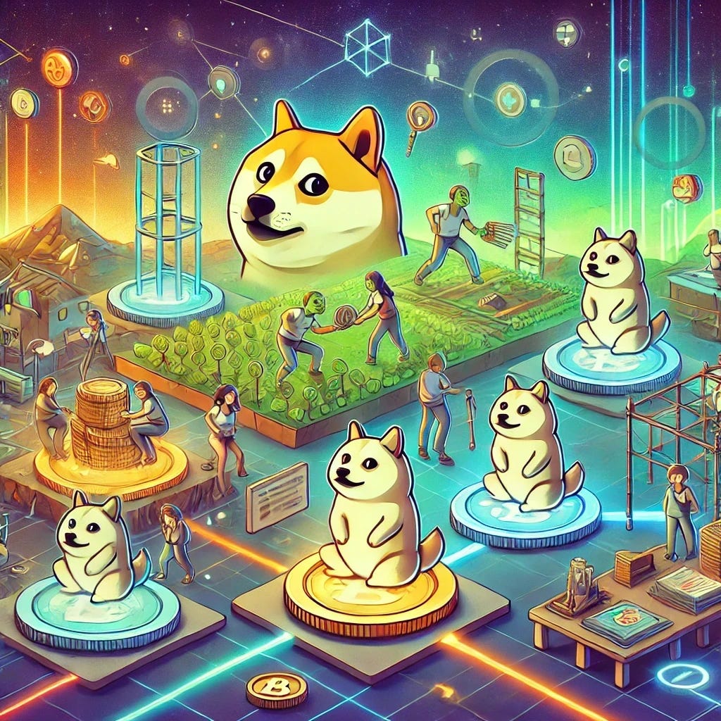 A digital illustration showing characters inspired by popular memecoins like Doge and Pepe in a collaborative, open ecosystem. The scene features dynamic, glowing pathways and interactive tools, with characters actively building, contributing, and benefiting from the environment. The setting symbolizes accessibility and inclusivity, emphasizing innovation, growth, and shared value. The background is colorful and futuristic, highlighting an interconnected digital community. No text or symbols included.