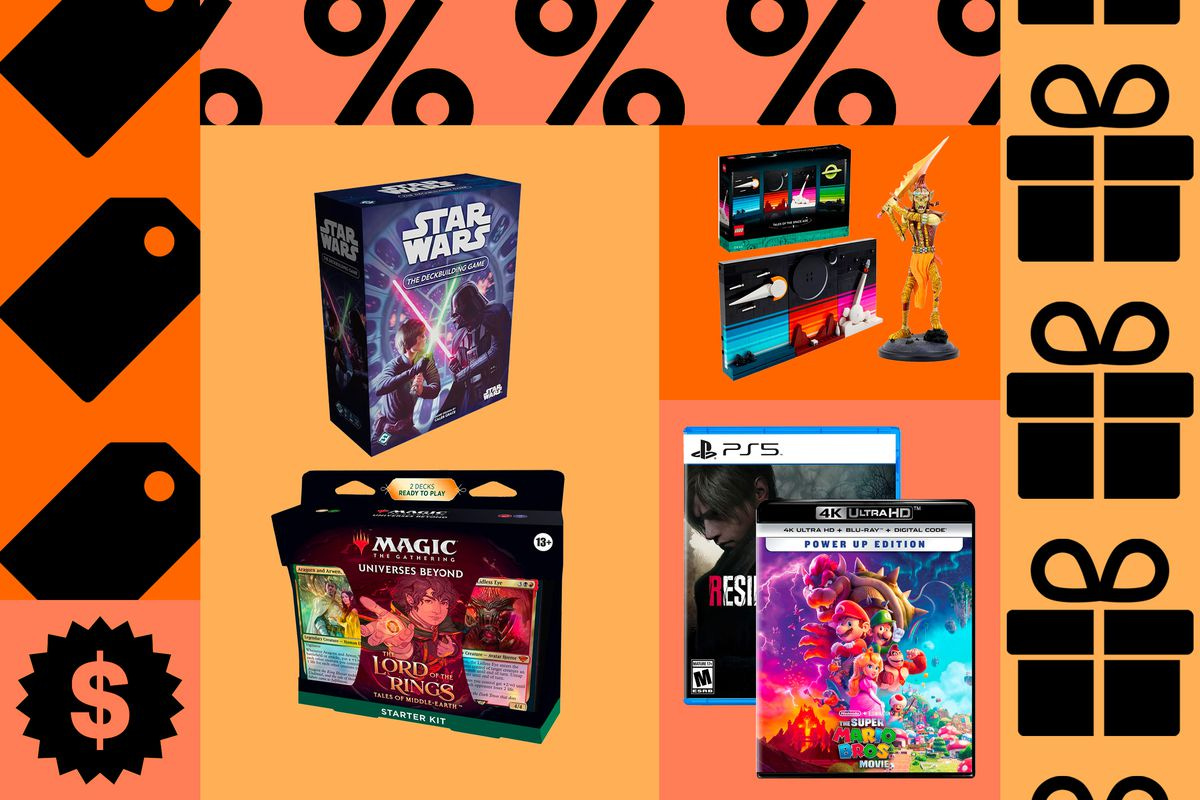 An image composition featuring multiple products that are discounted during Black Friday. This includes the Resident Evil 4 remake, The Super Mario Bros. Movie, the Tales from Middle-earth Magic: The Gathering set, Star Wars: The Deckbuilding game, plus a Lego set and a Githyanki D&amp;D figurine.