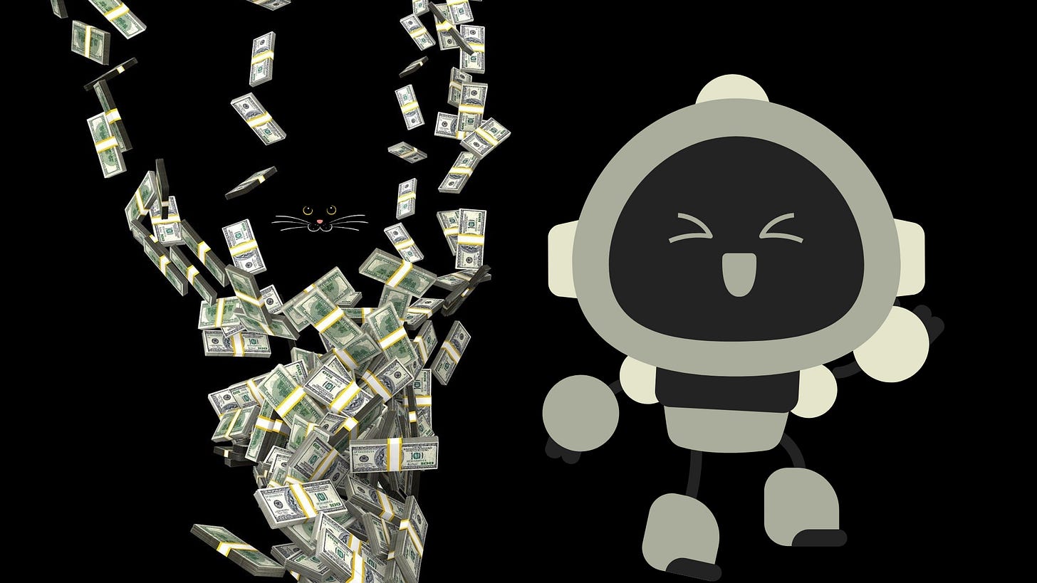 Image of dollar bills, cat face and robot