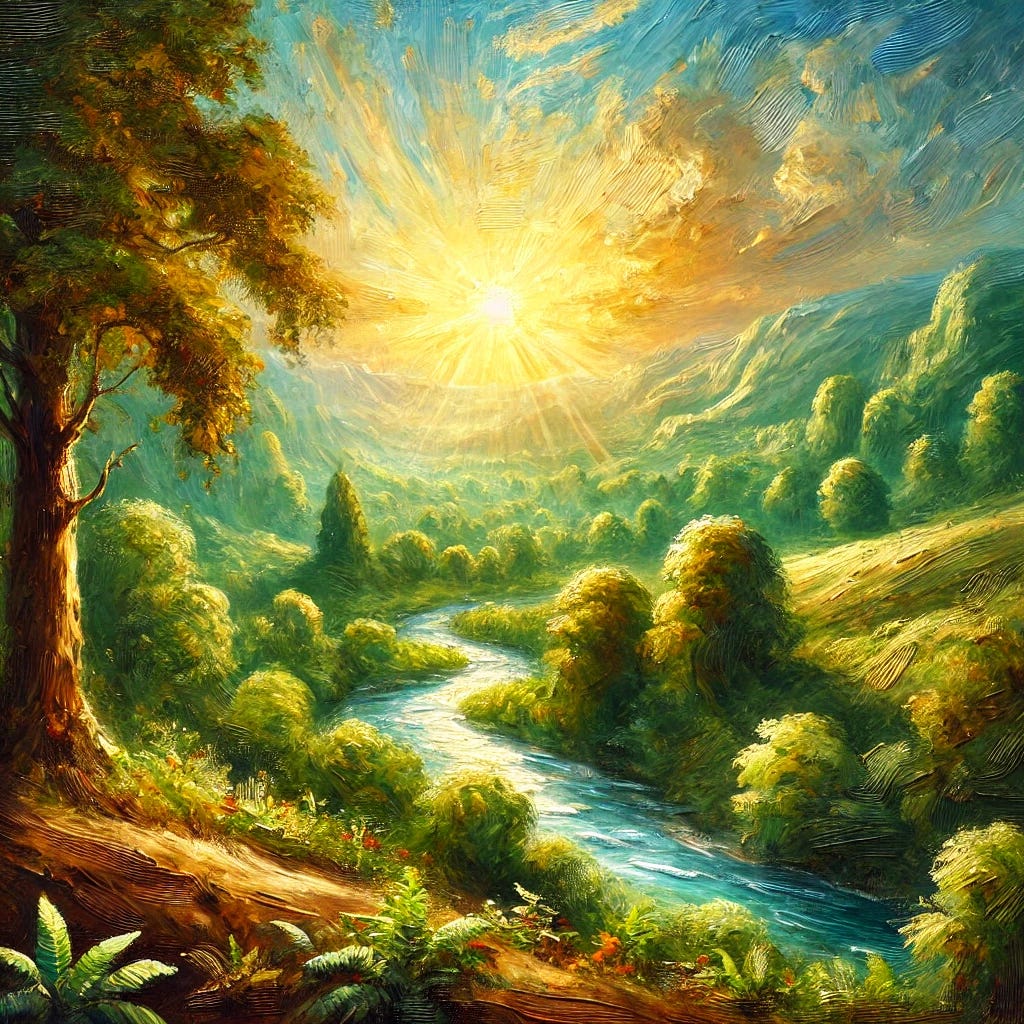 A classic oil painting of a healing landscape, focusing on themes of radical remission and holistic recovery. The scene shows a radiant sunrise casting golden light over a lush, green landscape with textured, rolling hills and a gentle, winding river, symbolizing resilience and renewal. Expressive, layered brushstrokes give depth and warmth to the trees, plants, and sky, while rich greens, blues, and golds enhance the feeling of vitality and hope. The painting should have the depth and texture characteristic of a fine oil painting, capturing a serene and life-affirming atmosphere.