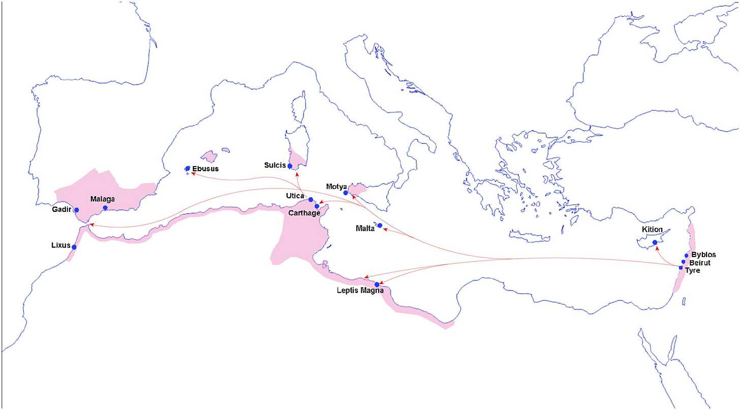 Phoenician settlements and trade routes across the Mediterranean starting from around 800 BC.[2]