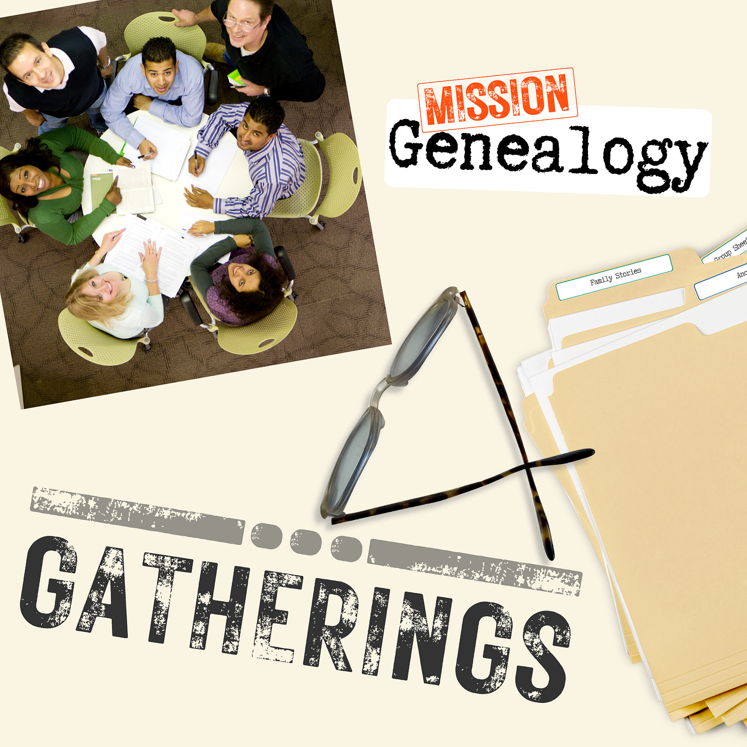 MissionGenealogy tile for Gatherings showing desktop objects on a desk.