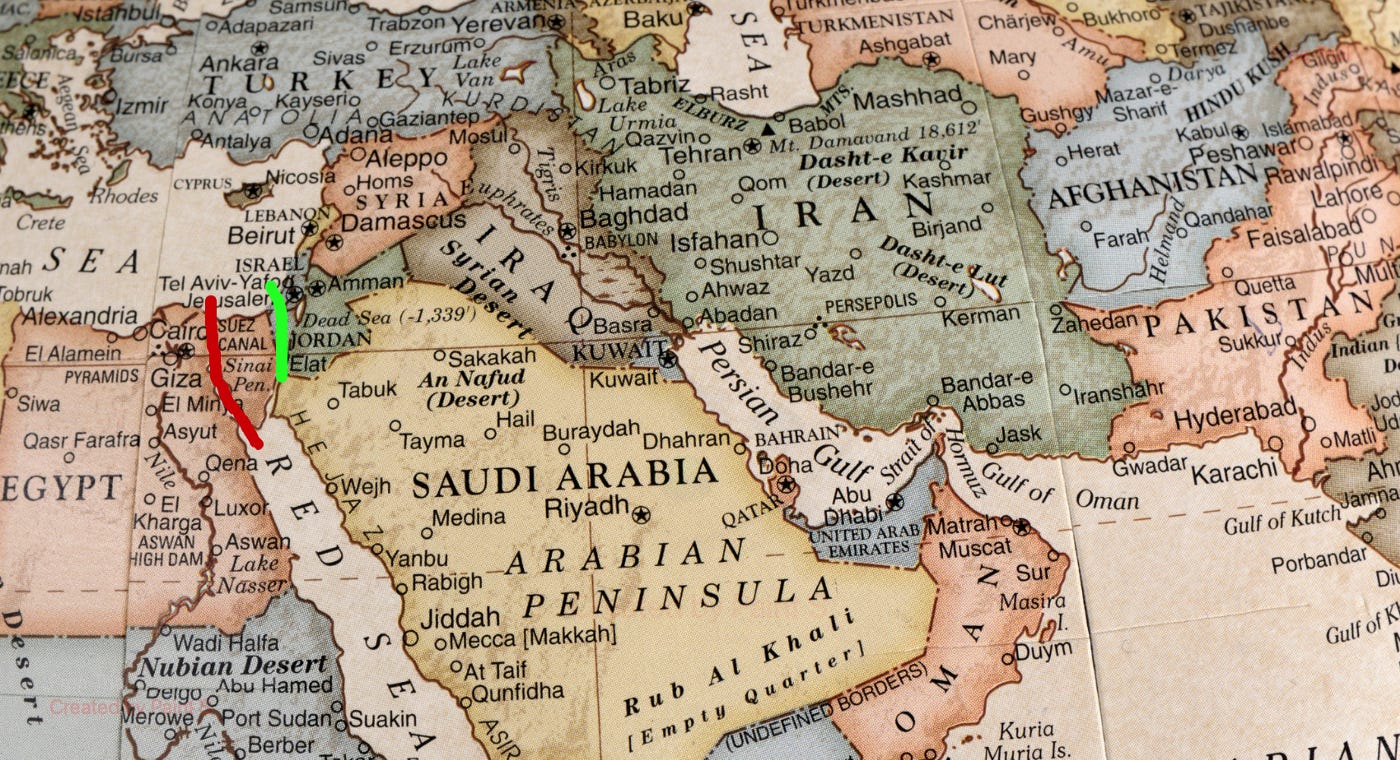 Suez canal and the new canal proposed by Israel marked on the map
