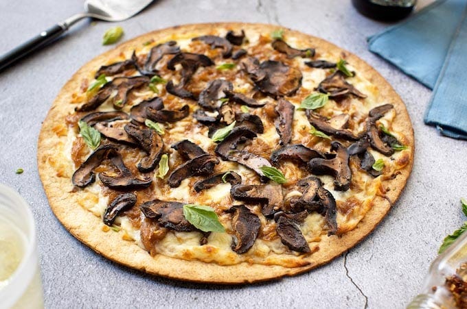 Vegan Caramelized Onion Pizza with Shiitake "Bacon"