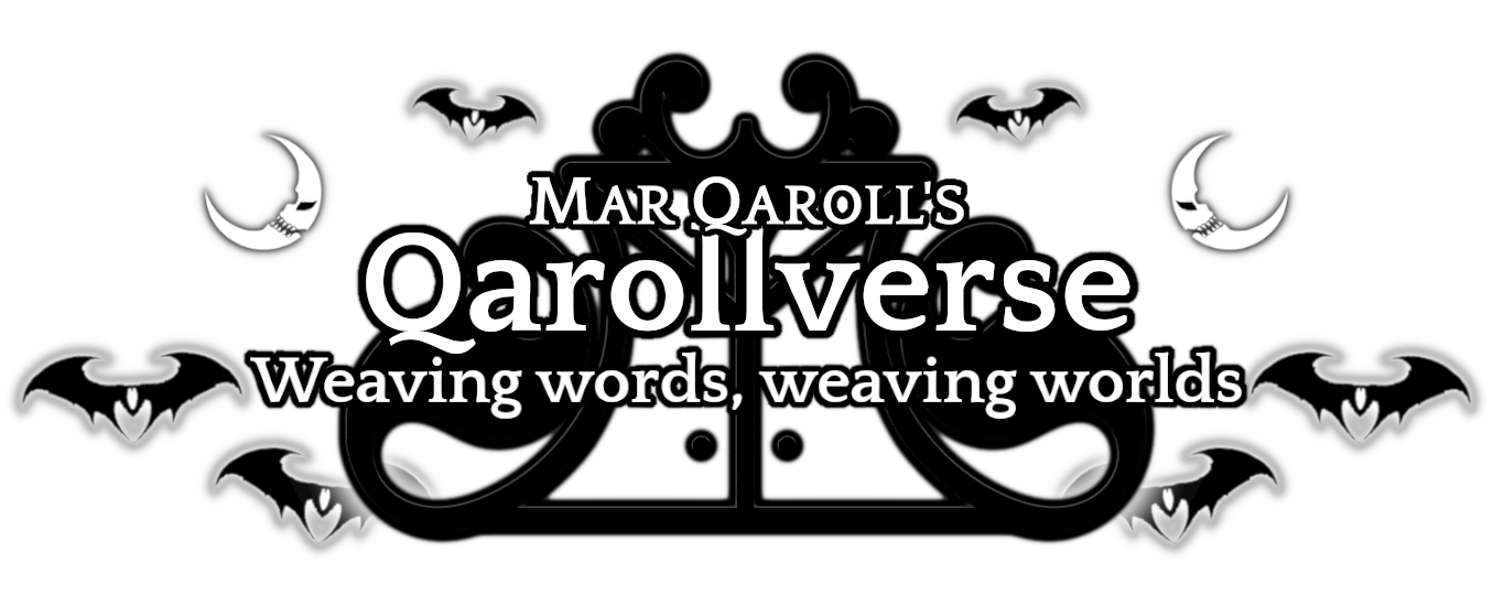 A design with the words Mar Qaroll's Qarollverse | Weaving words, weaving worlds, and bats and moons on its sides.